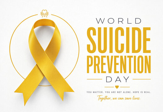 World Suicide Prevention Day awareness campaign symbol with yellow ribbon and text on white background