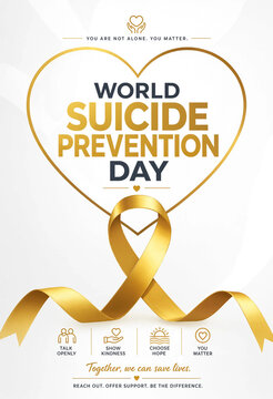 World Suicide Prevention Day awareness poster with golden ribbon and heart