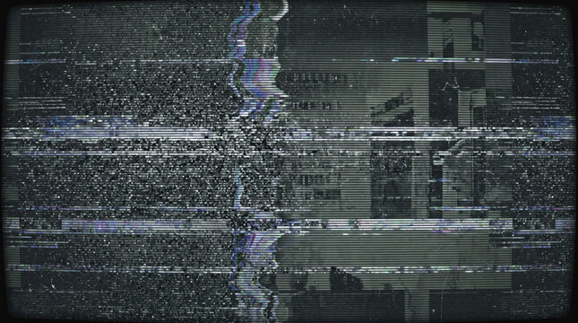 High-contrast analog TV static featuring retro scanlines and chromatic glitch effects.
