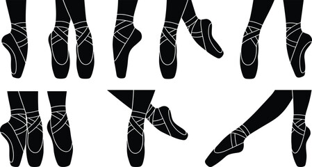 Ballet Pointe Shoes and Dancer Feet Vector Icon Set with Black Silhouette Poses Ribbons and Elegant Classical Dance Positions for Studio Branding Designs © MD