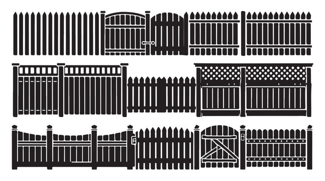 Set of various wooden fence silhouettes with gates vector illustration isolated on transparent background.