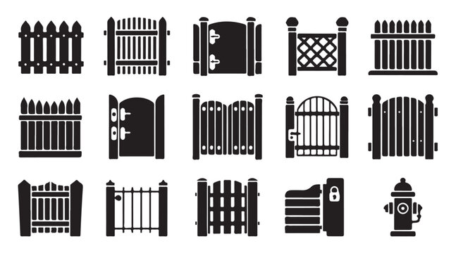 Set of garden fence and gate silhouettes vector illustration isolated on transparent background.