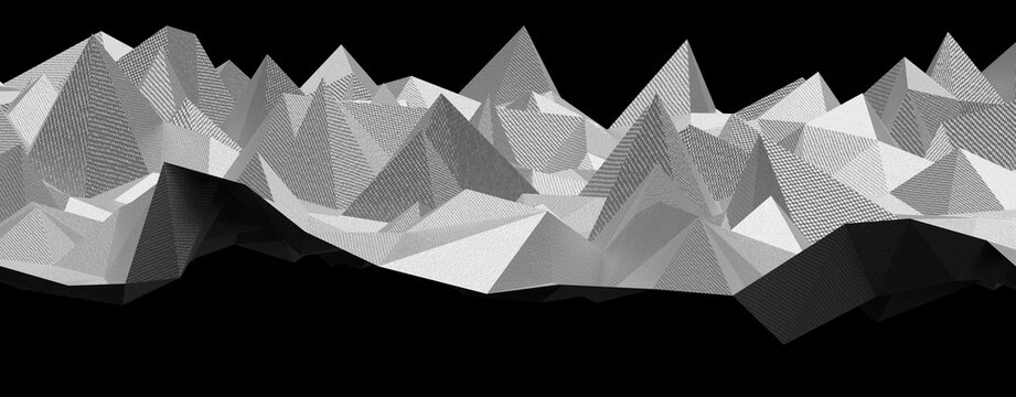 Monochromatic abstract landscape featuring geometric mountains in low poly style with intricate text