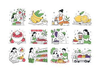 Fototapeta premium Fruits Outline Icons. Fruits Outline Icons collection of 12 minimalist editorial vector scenes: apple picking in orchard, banana bunch on table, orange juice preparation, lemon slicing close-up,