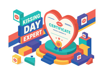 Obraz premium Kissing Day Expert , oversized heart certificate with bold geometric depth, stepped celebration platforms, floating kiss mark blocks and diagonal ribbon shapes, coral and electric blue with warm