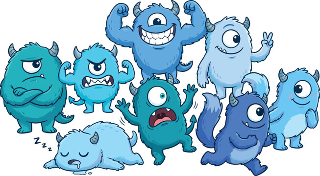 Cute blue cartoon monsters vector set with funny cyclops characters showing different emotions flexing running sleeping and scaring people icons