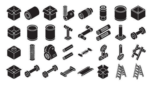 Isometric objects set black icons on transparent background Vector Illustration.