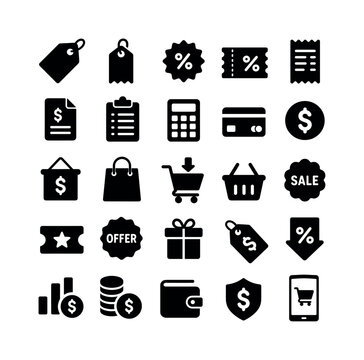 Price Cost Retail solid glyph icon set, 25 fully filled black glyph icons showing price tag, sale label, discount coupon, invoice, estimate sheet, receipt, payment card, value coin, market tag,