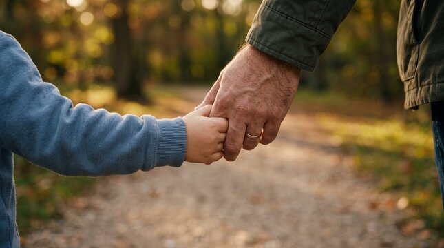 Grandfather and grandchild holding hands walking on a path in a park during autumn