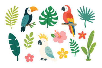 Cute tropical birds and jungle leaves element set flat vector illustration, exotic toucan parrot cockatoo Monstera palm leaf clip art bundle for pattern © bytaristudio