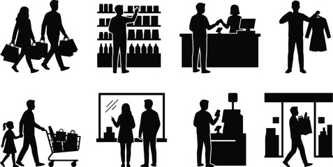 Set of black retail shopping silhouettes including customers cashier cart shelves counter and supermarket checkout icons © MdShahinnur