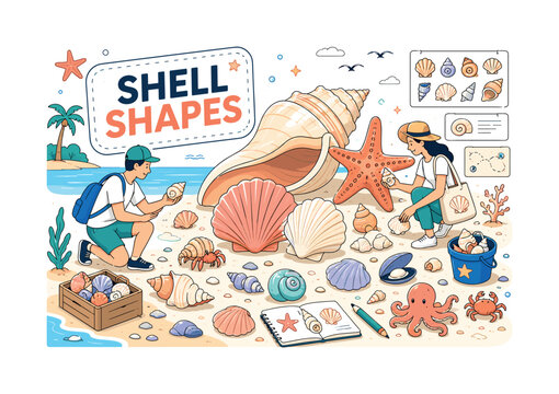 Shell Creature Set. Banner illustration about beach shells and small sea creatures with one oversized conch shell and one oversized starfish scallop group, two geometric collectors arranging clam,