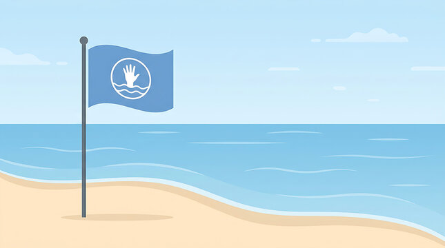 Beach safety warning flag with drowning hand icon on sandy shore background