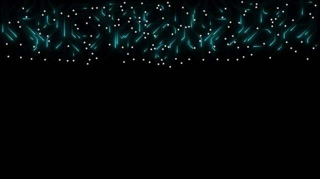 Top cyan circuit technology header featuring glowing electronic network, futuristic digital interface and cyber design on black background