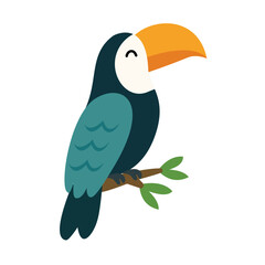 Fototapeta premium Cute tropical toucan bird perched on branch flat vector illustration, exotic rainforest wildlife clip art, jungle animal element for kids pattern