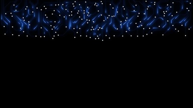 Blue circuit technology header with glowing digital network, electronic motherboard pattern and futuristic cyber interface on black background