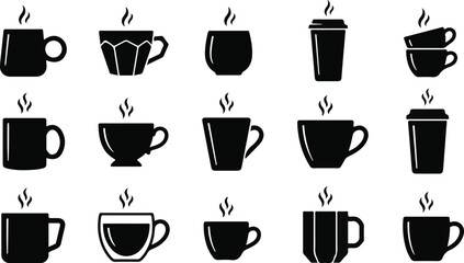 Fototapeta premium Collection of various coffee mugs and cups with steam icons