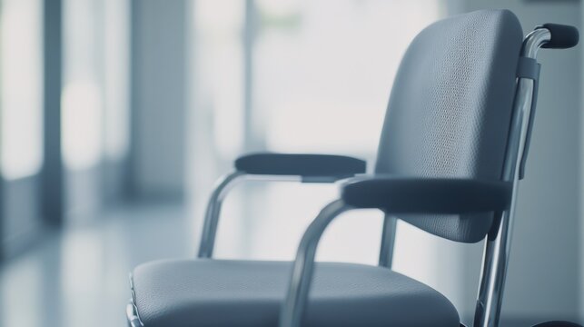 Modern gray wheelchair parked in a bright, spacious clinic hallway or contemporary interior
