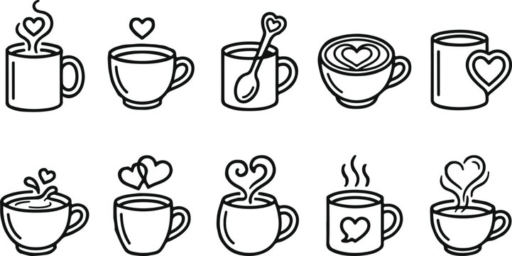 Coffee mugs with heart designs and steam illustrations