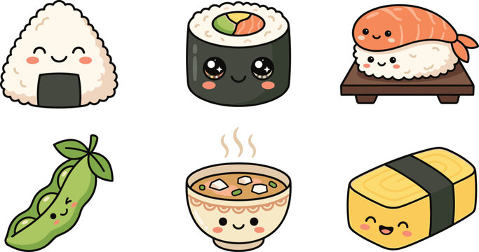 Cute kawaii Japanese food vector characters set featuring smiling onigiri rice ball sushi maki roll nigiri edamame miso soup and tamago omelet icons isolated on white background