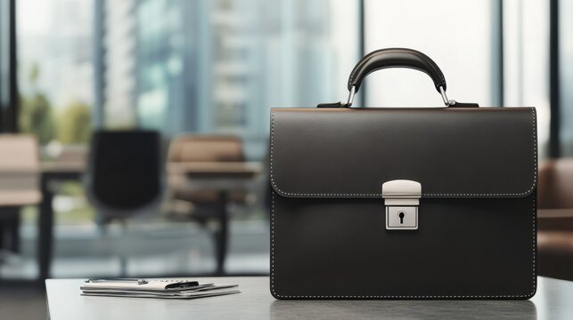 Premium classic leather briefcase standing on a desk inside a modern blurred corporate office background