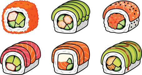 Traditional Japanese sushi rolls vector set featuring California roll dragon roll rainbow roll Philadelphia roll and maki sushi icons isolated on white background © MST