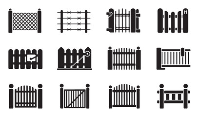Obraz premium Industrial security fence and gate silhouette collection for property protection systems.