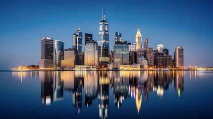 Obraz premium Panoramic view of the New York City skyline reflected in the calm water at dusk.