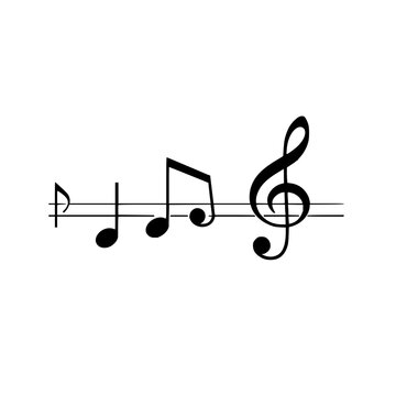 Clean, minimalist vector illustration featuring musical notes and a treble clef symbol in black against a white background. The composition includes a variety of musical notes, including quarter no...