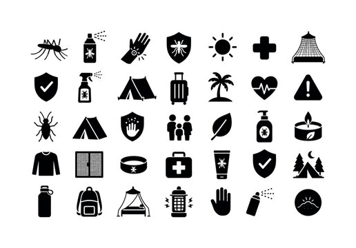 Mosquito Bite Prevention. Solid glyph icon set of mosquito bite prevention: mosquito, insect repellent spray, bug bite, prevention shield, summer sun, healthcare cross, mosquito net, protection badge,