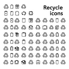 Fototapeta premium Recycling icons set with 24 distinct line art symbols arranged in a monochrome black and white grid on a white background featuring plastic, paper, metal with glass and recycle
