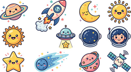 Cute kawaii outer space astronomy vector character set featuring smiling planets rocket spaceship crescent moon sun ufo alien astronaut helmet star comet and satellite isolated on white background © MST