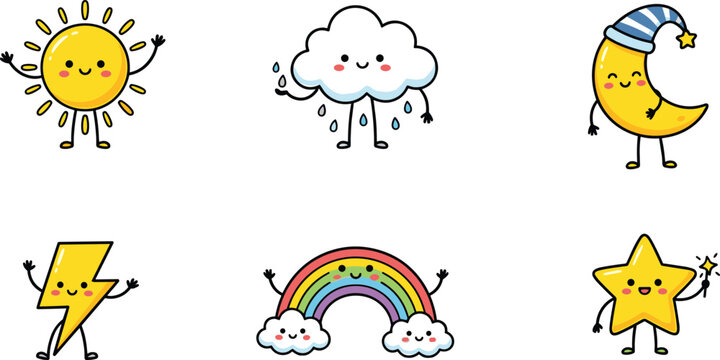 Cute kawaii weather and sky elements vector character set featuring smiling sun rain cloud crescent moon lightning bolt rainbow and magic star isolated on white background