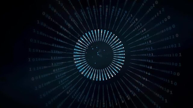 Abstract digital data tunnel with rotating binary code and glowing blue light particles
