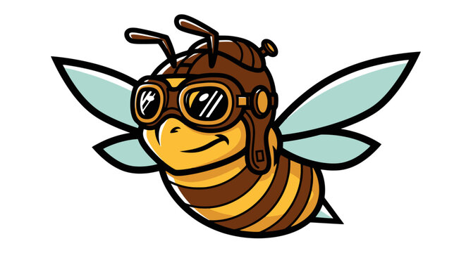 Cute bee character wearing vintage aviator goggles and a pilot cap