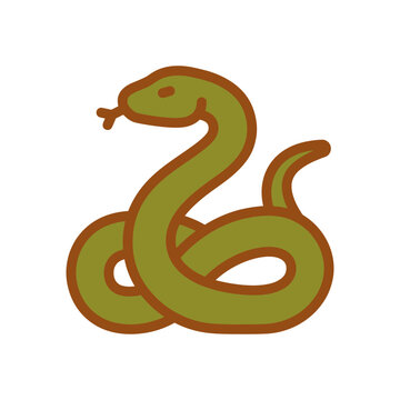 Curved green snake illustration with flicking tongue and bold outlines.