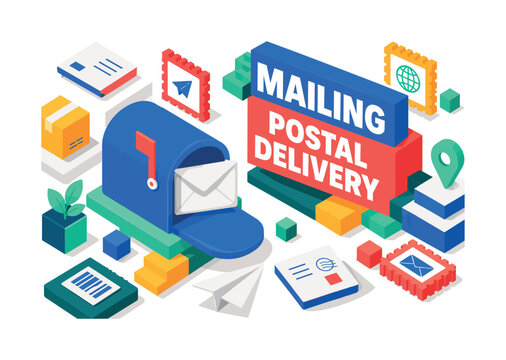 Mailing Postal Delivery, oversized mailbox envelope with bold geometric depth, floating stamp blocks and stepped delivery platforms, asymmetric editorial layout, electric blue and coral with warm