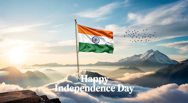 Indian flag waving against majestic himalayan mountain range