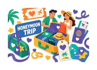 Fototapeta premium Honeymoon Suitcase Travel banner scene with two expressive stylized human newlyweds packing around an oversized honeymoon suitcase and giant luggage tag, travel bag reaching side edge, heart ticket
