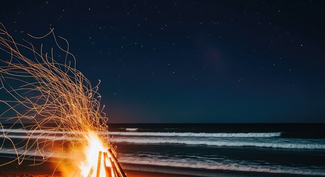 Bright orange sparks from a crackling beach bonfire dance over peaceful dark ocean waves under a starry night sky on the tranquil coast, sparks, reflection, energy