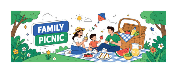 Fototapeta premium Family Picnic Banner clean editorial stock illustration of a small family picnic with 3 geometric characters gathered around food, oversized picnic basket and large blanket as main objects spanning