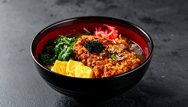 A steaming bowl of ramen with various toppings on a dark surface