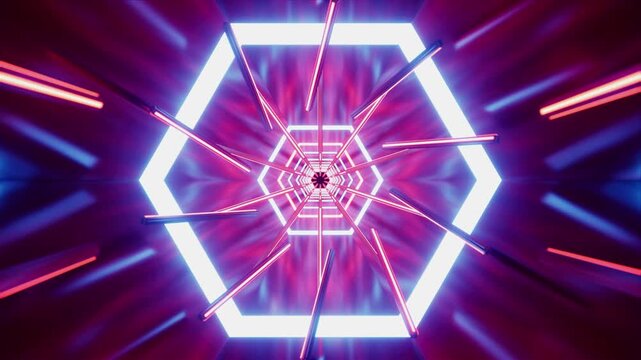 Glowing Red and Blue Hexagon Lamp Tunnel