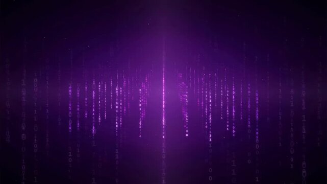 Abstract Purple Digital Data Stream with Binary Code Falling in a Futuristic Cyber Space