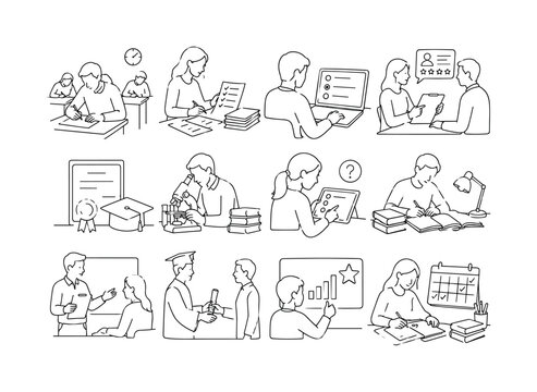 Academic Assessment Outline Icons. Academic Assessment Outline Icons collection of 12 scenes: classroom exam, grading papers, online test, student evaluation, certification process, academic research,