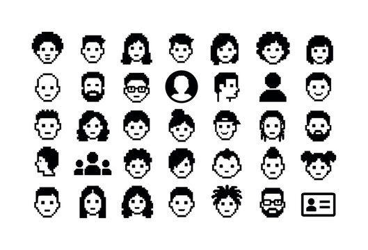 Diverse Face Grid Icons. Solid glyph icon set of diverse pixelated faces and hairstyle portraits: diverse face, male face, female face, short hair portrait, long hair portrait, curly hair portrait,