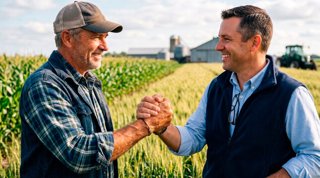 Two farmers shaking hands in a green field, with farm buildings and a tractor in the background.