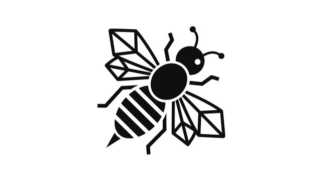 A black and white illustration of a bee flying with geometric crystals on its body and wings in a natural setting.