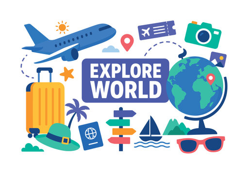 Travel Tourism Fill Icons. Travel Tourism Fill Icons banner with airplane, suitcase, globe oversized, bold headline text EXPLORE WORLD in rounded rectangle, white background vector. --negative