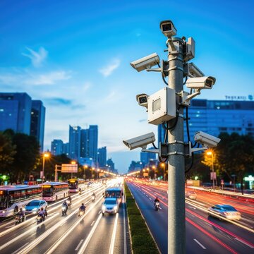 Multiple security cameras mounted on a tall metal pole overlooking a busy asphalt road to monitor urban traffic flow and public activity, street, management, hardware